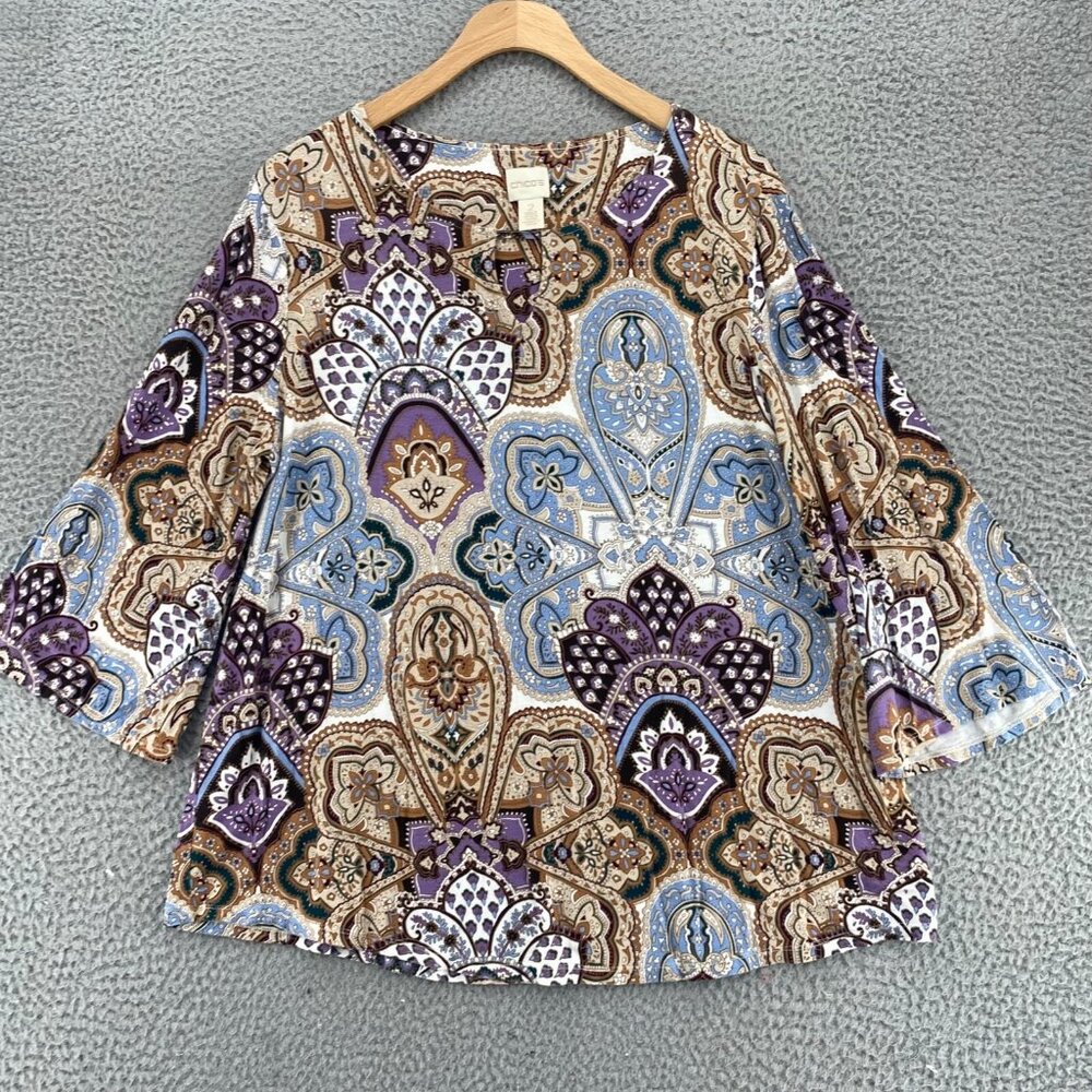 Chicos Top Womens 2 US Large Blue Multi Fancy Filigree Keyhole Neck 3/4 Sleeve